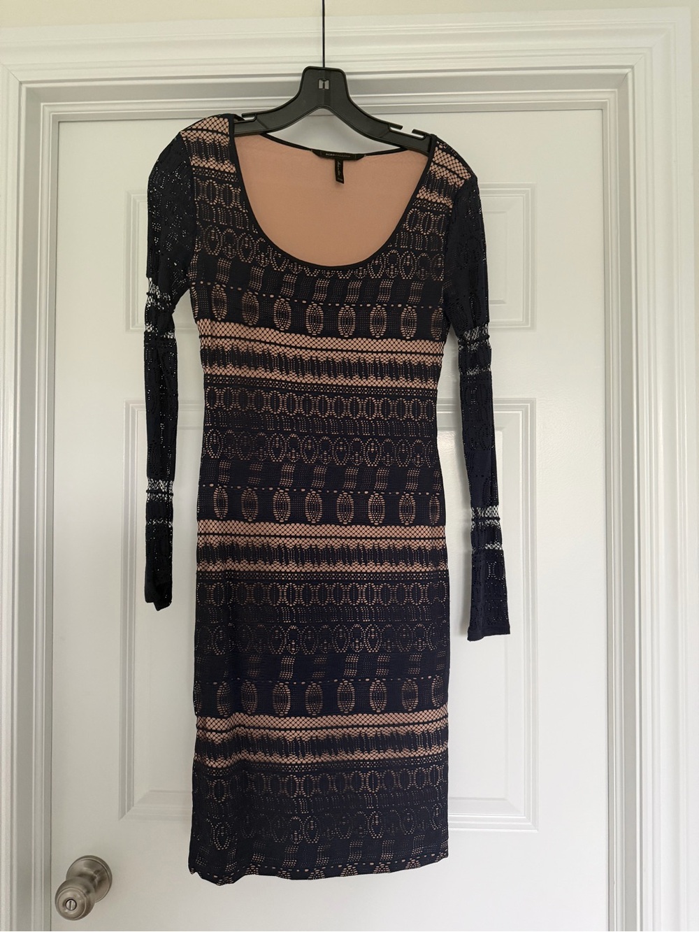 BCBGMaxAzria Navy Crochet-Overlay Dress with Nude Lining